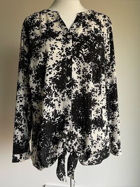 Talbots Black & White Tie-Hem Button Front Blouse NWOT, XP /XLP